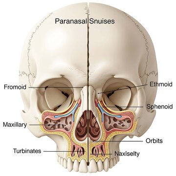 Labeled Diagram of Human Skull Showing Paranasal Sinuses