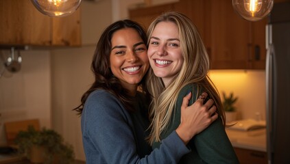 Hugging two women in blue and green sweaters smiling toward camera in warm kitchen, showing ring
