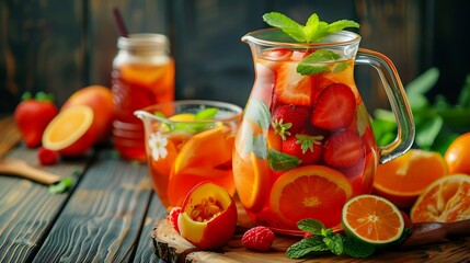 Refreshing fruit infused water in a pitcher with strawberries oranges and mint on a wooden surface