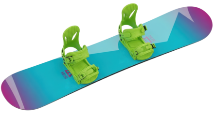 Isolated snowboarding equipment against no background, colorful snowboard with green fasteners