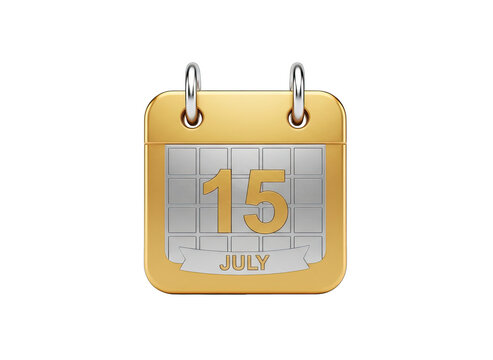 Golden desktop calendar displaying July 15th with silver metal pages and a realistic 3D rendering on a black background