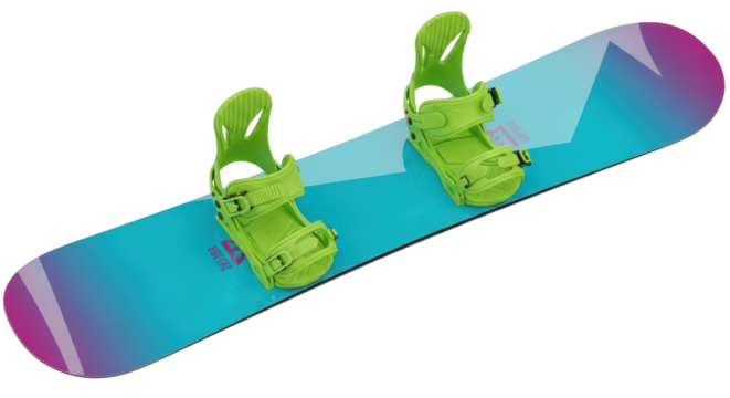 Isolated snowboarding equipment against no background, colorful snowboard with green fasteners
