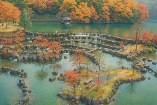 Japanese landscape, wallpaper 2000s Anime style