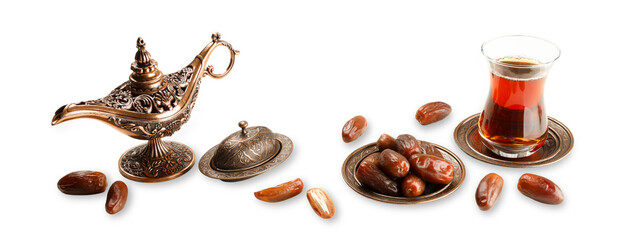 Obraz premium Dates and tea served together for Ramadan festivities, isolated, PNG