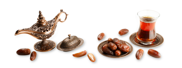 Dates and tea served together for Ramadan festivities, isolated, PNG
