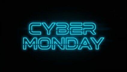 Glowing neon 'CYBER MONDAY' typography occupying center canvas, emitting cyan halo and lens flares