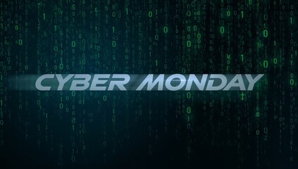 Displaying CYBER MONDAY wordmark glowing on digital header, with light beam, green binary digits