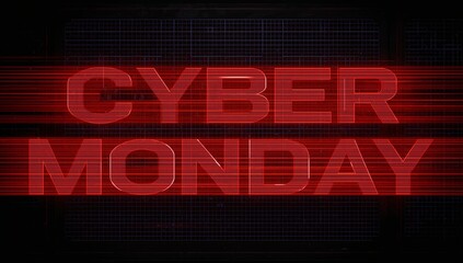 Leading red CYBER MONDAY title filling banner showing scan lines, glitches, grid, purple accents