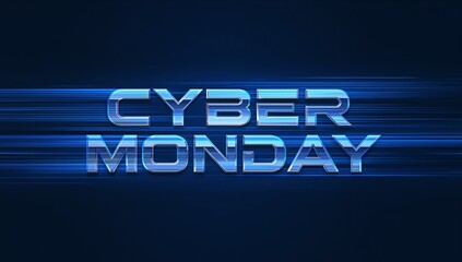 Displaying large metallic blue 3D CYBER MONDAY text dominating digital banner, with motion streaks