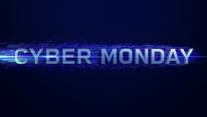Glowing 'CYBER MONDAY' headline dominating digital banner on navy canvas, with motion streaks