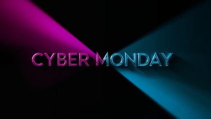Displaying 3D CYBER MONDAY sign in studio, with magenta cyan beams casting reflections and shadows