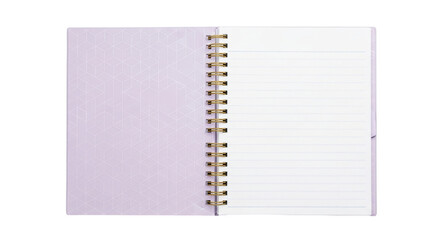 Isolated Open Notebook with Gold Spiral, Purple Cover and Ruled Pages for Writing Notes