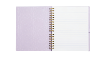 Isolated Open Notebook with Gold Spiral, Purple Cover and Ruled Pages for Writing Notes