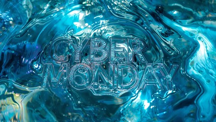 Displaying embossed CYBER MONDAY text flowing across glossy teal blue liquid surface, with bubbles
