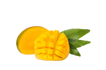 Yellow mango slices with fresh leaves, isolated on white, PNG