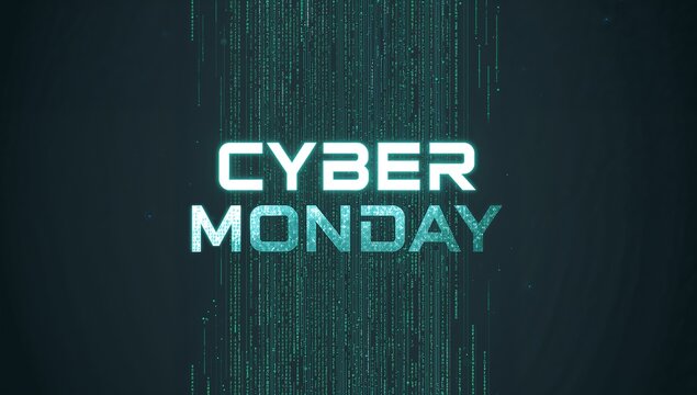 Glowing 'CYBER MONDAY' text dominating dark digital graphic, streaming binary code and particles