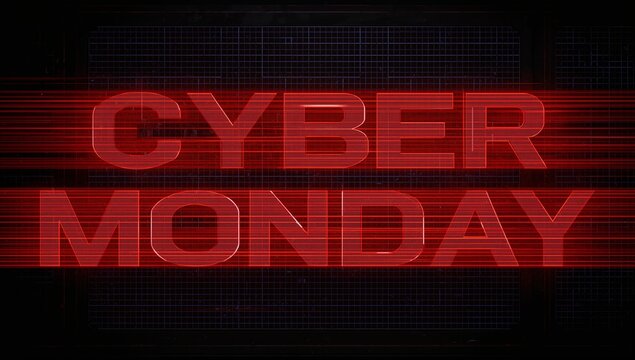 Leading red CYBER MONDAY title filling banner showing scan lines, glitches, grid, purple accents