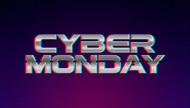 Displaying bold CYBER MONDAY text on promo banner, with brushed chrome letters and red cyan glitch