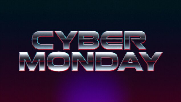 Displaying stacked CYBER MONDAY chrome 3D text glowing in promotional banner, with beveled edges - Powered by Adobe