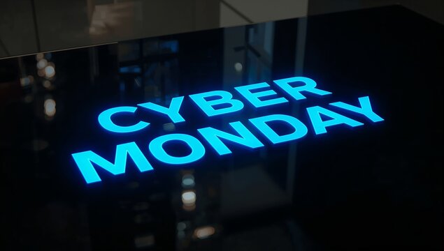 Displaying bright cyan-blue CYBER MONDAY logo glowing on glossy black store display, reflections