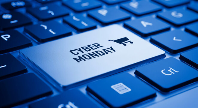 Close-up keyboard with a light key displaying "Cyber Monday" and a shopping cart icon, representing online sales and e-commerce promotion