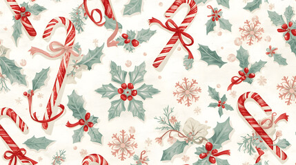 Christmas themed pattern with candy canes, holly leaves, snowflakes, and red ribbons on a white background.