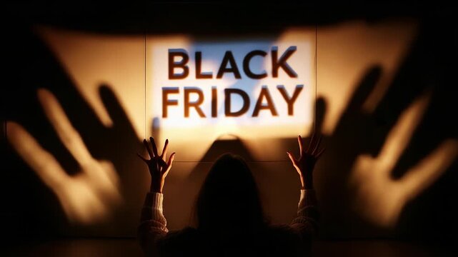 A silhouette of a person with raised hands against a illuminated background displaying the words 'Black Friday,' evoking themes of consumerism and shopping frenzy during holiday sales.