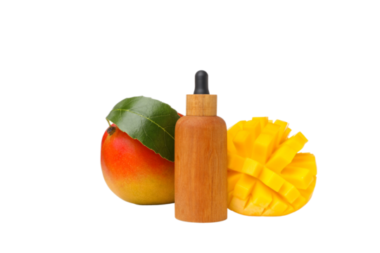Wooden dropper with mango and apple, isolated on white, PNG