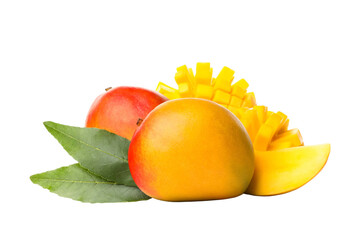 Fresh mangoes and yellow slices with green leaves, isolated on white, PNG