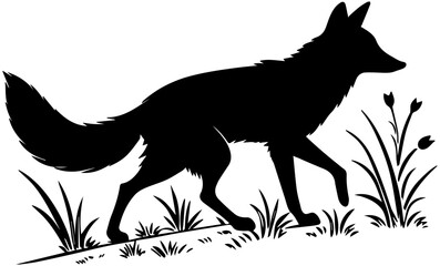 Fox Walking on Grassy Terrain Silhouette – Vector Illustration