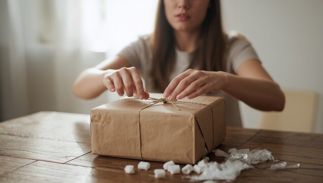 Untying woman in light short-sleeve shirt seated at home table opening kraft parcel with pellets