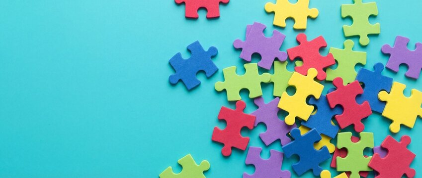 Colorful jigsaw puzzle pieces scattered on a bright turquoise background with copy space