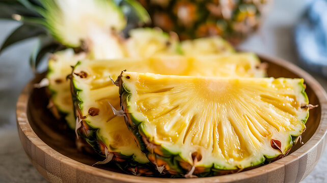 A close up image of fresh bright yellow sliced pineapple segments arranged in a natural wooden bowl displaying the juicy texture and healthy fruit concept
