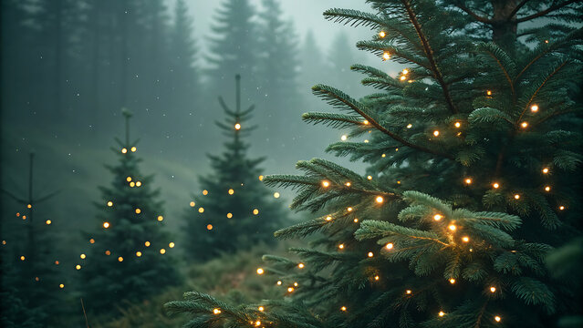 Enchanted forest with glowing fairy lights on evergreen trees