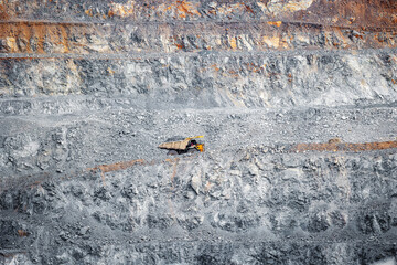 Open pit mine industry. Big yellow mining truck and excavator for coal moving on road career.