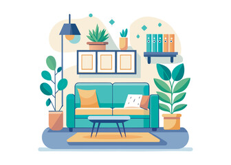 Modern living room with sofa, table, carpet, plants and other decor. Vector flat illustration of interior design and furniture
