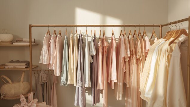 Displaying centered clothing rack featuring pastel dresses and blouses in boutique, with basket
