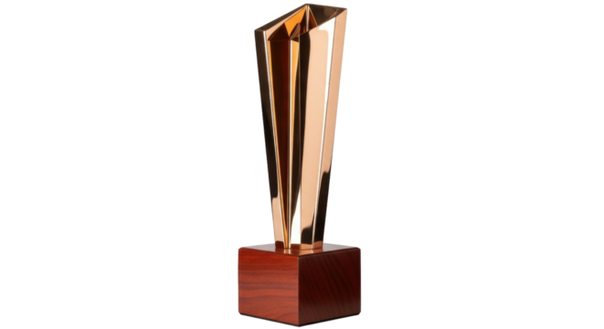 Isolated bronze trophy resting on a shiny brown wooden base for a prestigious award ceremony