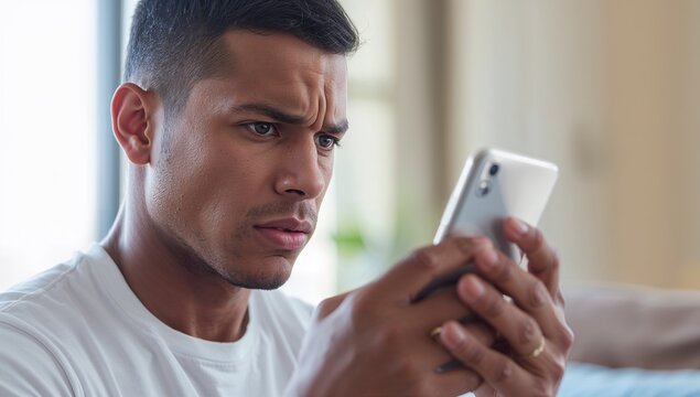 Reading adult Hispanic man wearing white tee holding phone on couch at home showing wedding ring