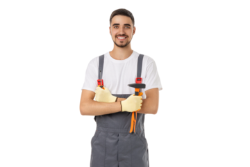 Man in grey overalls stands confidently with tools, isolated, PNG