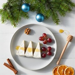 Christmas Food Flatlay with Cheese Plate, Red Grapes, Honey and Seasonal Elements 