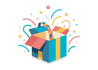 Open gift box, ribbons and confetti isolated on white background. Surprise event celebration, design for greeting. logo icon on white background