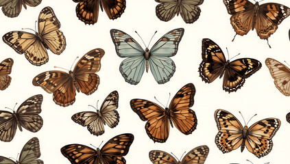 A collection of various butterflies with different wing patterns and colors scattered across a white background.