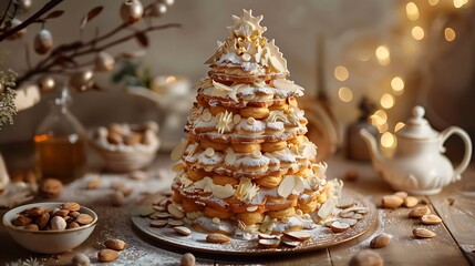 A christmas tree shaped croquembouche on a wooden table with almonds and a teapot in the background