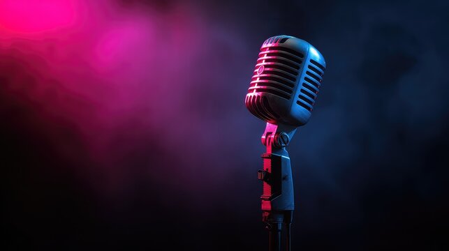Vintage microphone glows with vibrant pink and blue light, perfect for music events, podcasting, and retro themed designs, promising a captivating and nostalgic feel