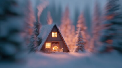 A cozy A-frame cabin glows warmly in a snowy winter forest at dusk