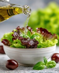 Fresh salad with pouring olive oil, healthy meal concept