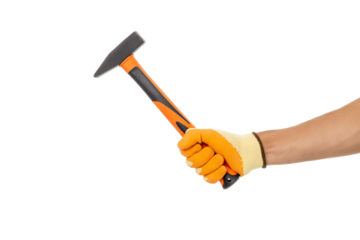 Orange-gloved hand grips a hammer, isolated on white, PNG
