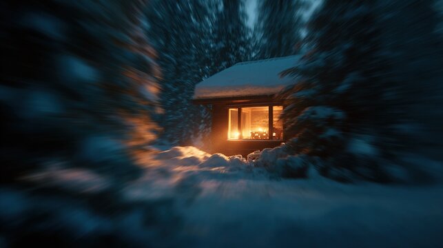 Warm light glows from a cozy cabin window in a motion-blurred snowy winter forest scene at dusk