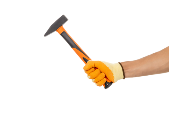 Orange-gloved hand grips a hammer, isolated on white, PNG